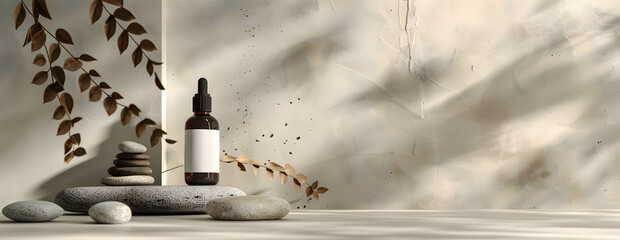 Skin care concept - display of different cosmetics products with natural elements and stones