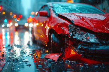 Rainy Urban Car Accident Scene with Broken Red Car - obrazy, fototapety, plakaty