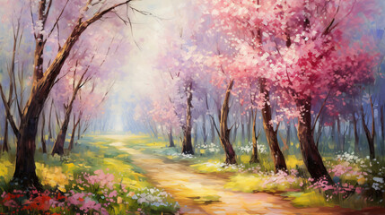 Oil painting colorful forest Cherry blossoms art watercolor
