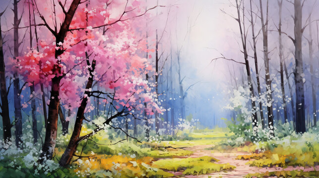 Oil painting colorful forest Cherry blossoms art watercolor