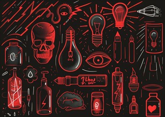 Abstract doodle art with eyes and objects. A monochromatic doodle art style image, featuring eyes, light bulbs, syringes, and various abstract shapes