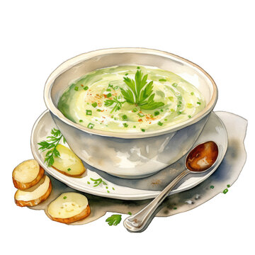recommend clip art: Creamy Potato Leek Soup Watercolor Clipart - Delicious and comforting soup illustration perfect for food blogs, menus, and recipe cards.