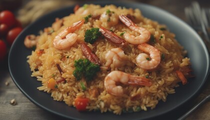 Closeup of spicy cooked rice with meat, shrimp and vegetables in a plate