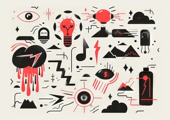 Abstract doodle art with eyes and objects. A monochromatic doodle art style image, featuring eyes, light bulbs, syringes, and various abstract shapes
