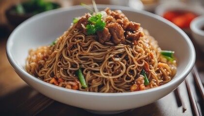 Fried noodle with pork in soy sauce and vegetable