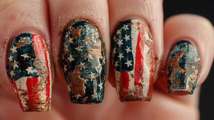 American Flag on long sharp nails Red Blue Nails with a design, Memorial Day ai generated