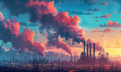 A surreal industrial landscape where factories emit vibrant, unnatural smoke into a serene blue sky, symbolizing pollution,generative ai - obrazy, fototapety, plakaty
