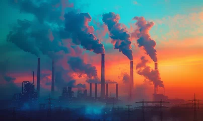 Raamstickers A surreal industrial landscape where factories emit vibrant, unnatural smoke into a serene blue sky, symbolizing pollution,generative ai © Chanya2498
