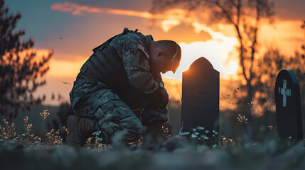 Army Man crying on grave of friend with American flag, smoke background, ai generated