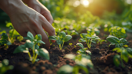 Persons hand reaching for plant in the dirt