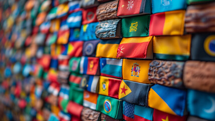 Diverse array of flags adorning a wall - obrazy, fototapety, plakaty