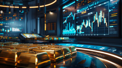 Futuristic investment display: Gold bars and vibrant charts,generative ai - obrazy, fototapety, plakaty