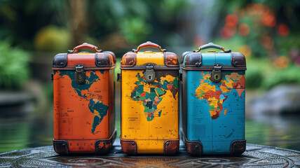 Three suitcases painted with world map