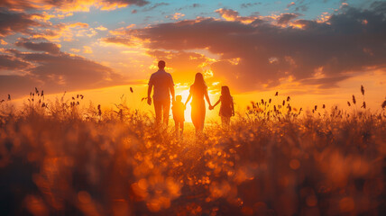 Man and woman holding hands in field at sunset - obrazy, fototapety, plakaty