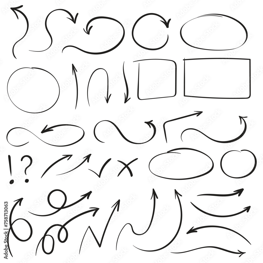 Aufkleber set of vector curved arrows hand drawn. sketch doodle style. collection of pointers.