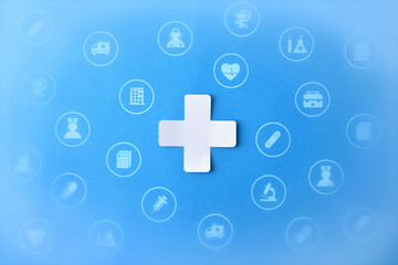 Health background with cross and drawings of different medical services