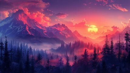 Sunset over mountain range - obrazy, fototapety, plakaty
