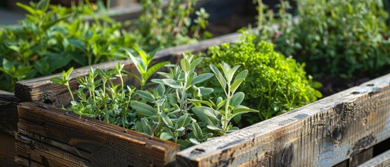 Close up of fresh medicinal herbs,  in wooden raised bed in garden - obrazy, fototapety, plakaty