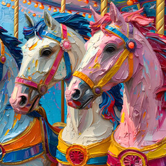 Close-up of vibrant, painted carousel horses with intricate details, embodying the whimsy and excitement of an amusement park.
