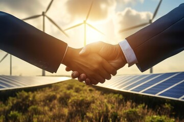 handshake in front of solar pannels and wind turbines, clean energy, renewable energy, electricity,  new industry, CSR, company social responsability, Generative AI 