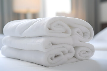 Obraz na płótnie Canvas Clean white towels on a hotel bed