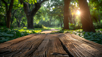 Wooden table in forest clearing