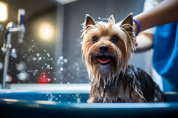 Dog groomer washing a dog