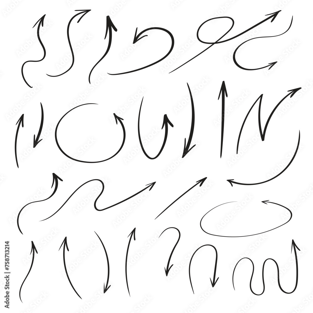 Aufkleber set of vector curved arrows hand drawn. sketch doodle style. collection of pointers.