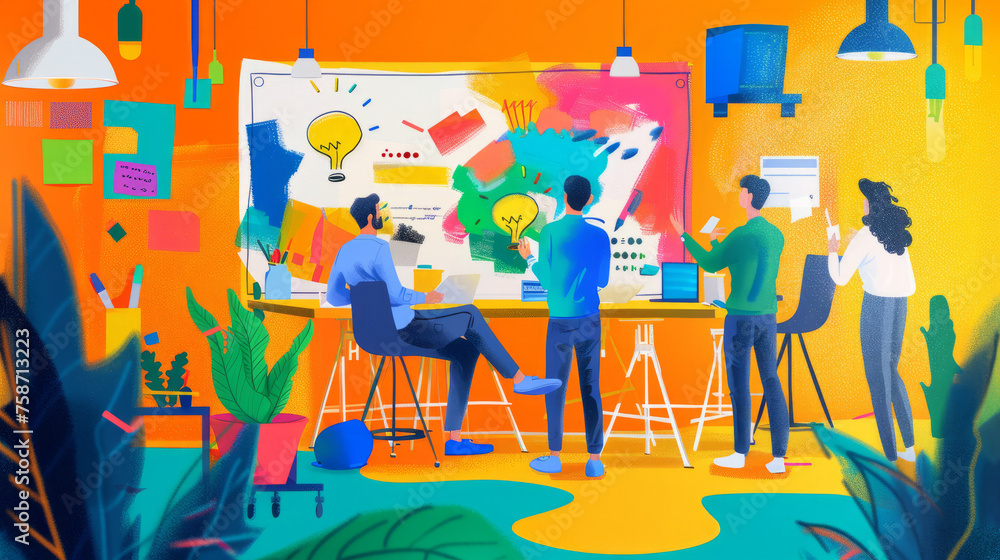 Poster an animated team collaborating on a project with colorful sticky notes around, depicting teamwork an