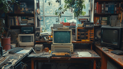 Abandoned room filled with old computer equipment