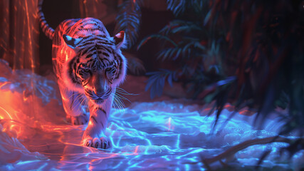 A white tiger walking boldly amidst psychedelic light show in a tropical cave, endangered species haunting the world with their ghostly absence.