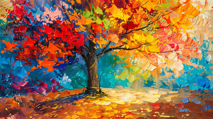 Oil painting landscape. Colorful autumn tree. Abstract