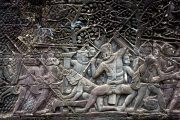 Ancient Bayon temple complex in the center of Angkor Thom in Cambodia.