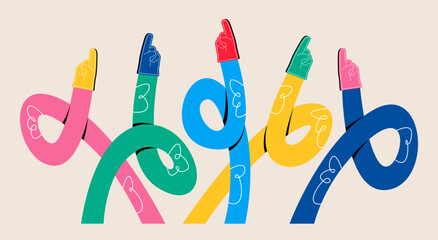 Set of long colorful foam hands. Colorful vector illustration