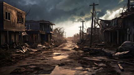 Street with destroyed houses after storm - obrazy, fototapety, plakaty