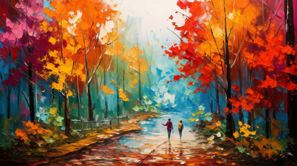 Oil painting landscape  colorful autumn forest ..