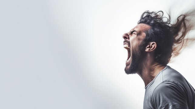 A man screaming and a copyspace on a white background 