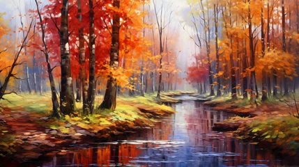 Foto op Aluminium Oil painting landscape  colorful autumn forest .. © Natia