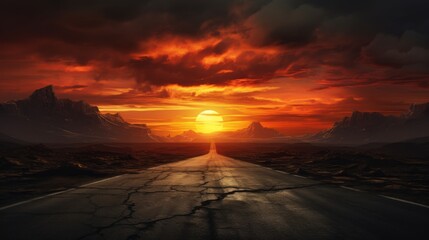 An empty road with cracked asphalt at sunset - obrazy, fototapety, plakaty