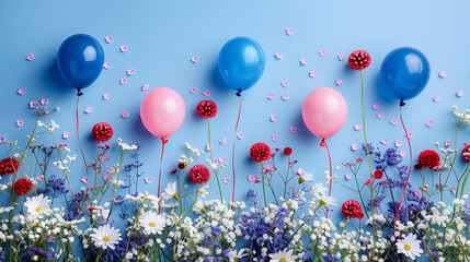 Memorial Day Celebration with Decoration Balloons and Flowers, Copy Space, Generative Ai - obrazy, fototapety, plakaty