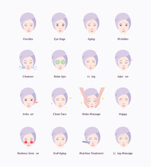 Elegant lady facial skin care face treatment. Aesthetic solution and problem, beautician, beautiful flat vector illustration icon. Editable icon.