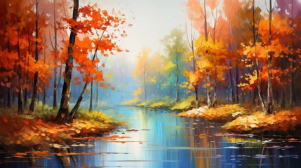 Papier Peint photo autocollant Rivière forestière Oil painting landscape  colorful autumn forest ..