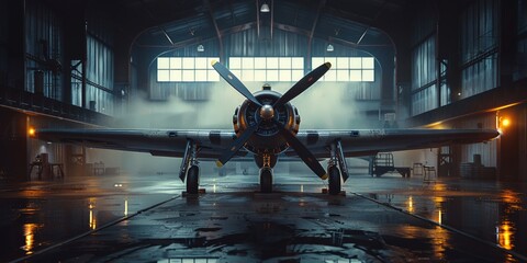 Classic propeller plane basks in the hangar's glow, inviting tales of aerial adventures