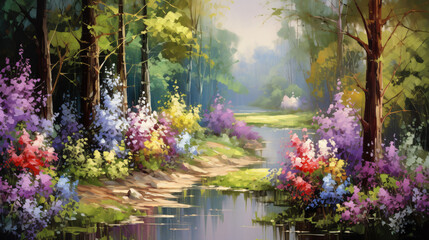 Oil painting landscape  colorful summer forest beauti