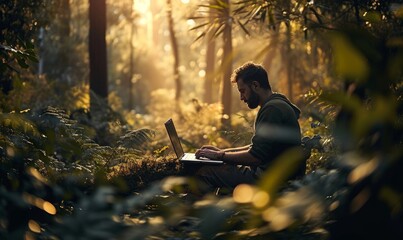 Man working in nature, teleworking, plant a tree, man with laptop in a forest, computer, informatic, feeling good at work, working from home, remote working, back to nature, Generative AI  - obrazy, fototapety, plakaty