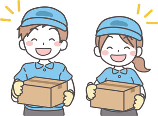 ダンボールを持った配達業者の男性女性のイラスト1-2
