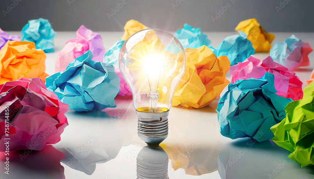 Poster close-up of a glowing light bulb surrounded by a large group of crumpled colorful paper balls on a w