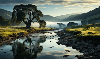 River Flowing Through Lush Green Countryside - obrazy, fototapety, plakaty