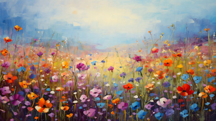 Oil painting landscape colorful field of flowers abstract