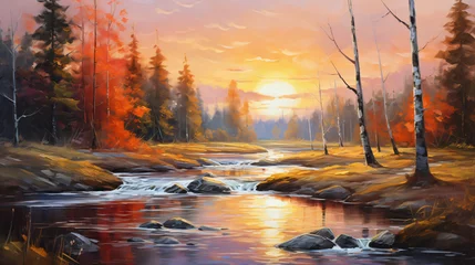 Foto op Canvas Oil painting landscape river in the spring forest  © Natia